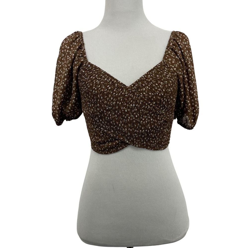 Active USA Size Small‎ Crop Top Brown Floral Smocked Puff Sleeve Sweetheart